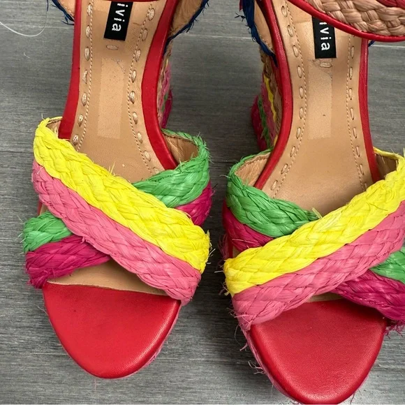 Alice + Olivia Josiey Rainbow Raffia Wedge Sandals Size 8 Colorful Platform Shoe - Picture 12 of 16